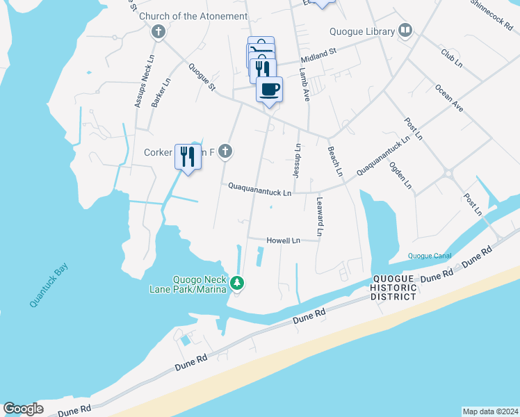 map of restaurants, bars, coffee shops, grocery stores, and more near 18 Quogo Neck Lane in Quogue
