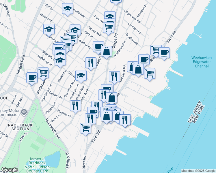 map of restaurants, bars, coffee shops, grocery stores, and more near 99 Gorge Road in Edgewater
