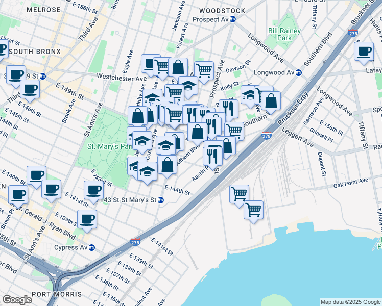 map of restaurants, bars, coffee shops, grocery stores, and more near 486 Timpson Place in The Bronx