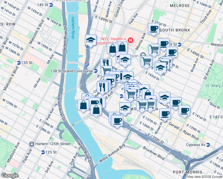 map of restaurants, bars, coffee shops, grocery stores, and more near 204 Third Avenue in The Bronx