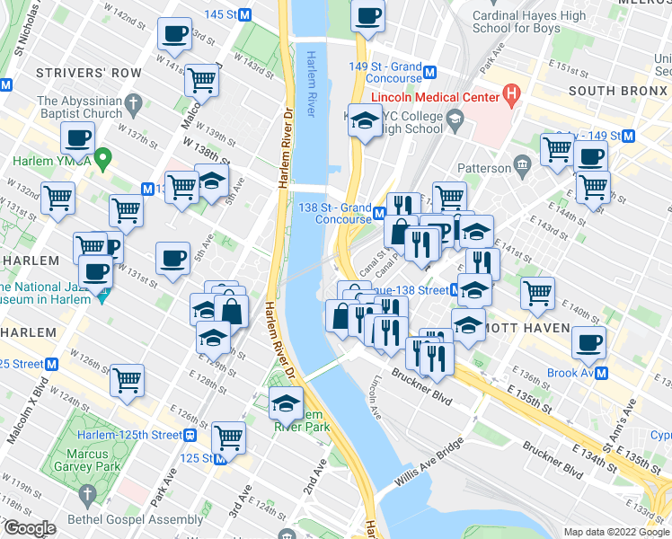 map of restaurants, bars, coffee shops, grocery stores, and more near 200 East 135th Street in Bronx