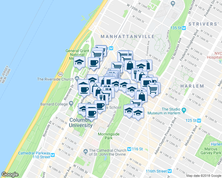 map of restaurants, bars, coffee shops, grocery stores, and more near 123 Morningside Drive in New York