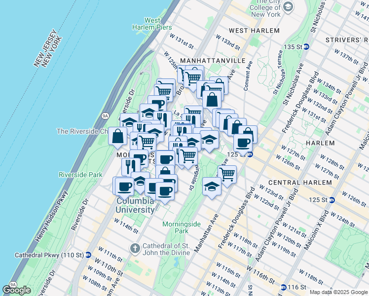 map of restaurants, bars, coffee shops, grocery stores, and more near 503 West 121st Street in New York