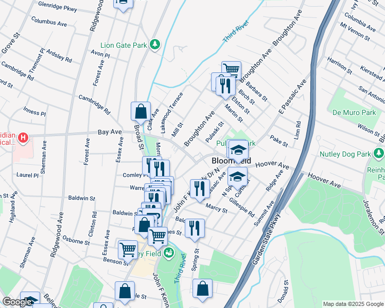 map of restaurants, bars, coffee shops, grocery stores, and more near 345 Hoover Avenue in Bloomfield