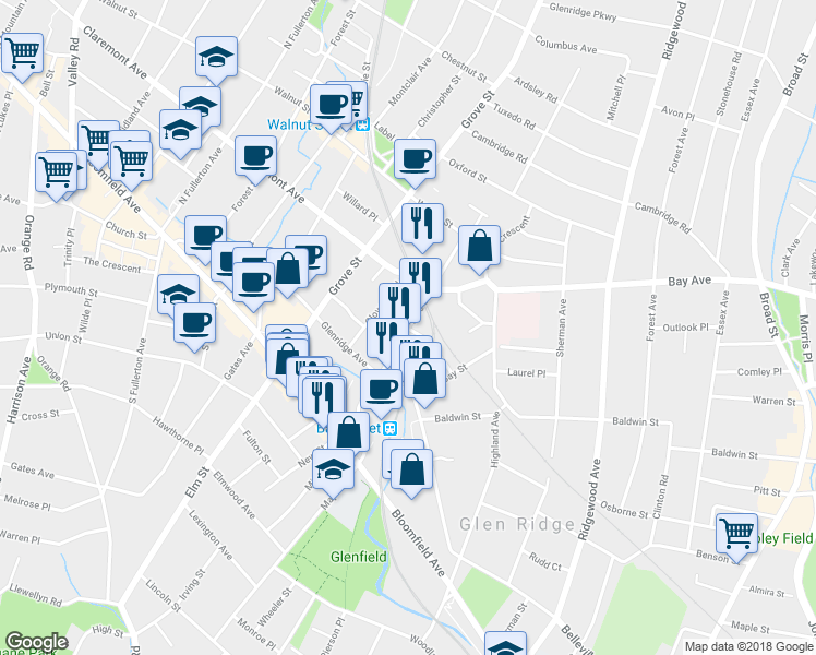 map of restaurants, bars, coffee shops, grocery stores, and more near 31 Grant Street in Montclair