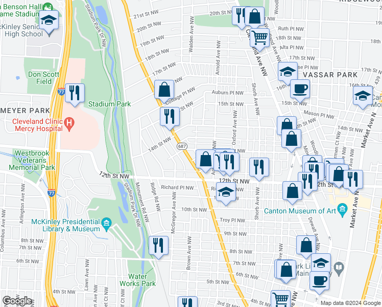 map of restaurants, bars, coffee shops, grocery stores, and more near 1234 Fulton Road Northwest in Canton
