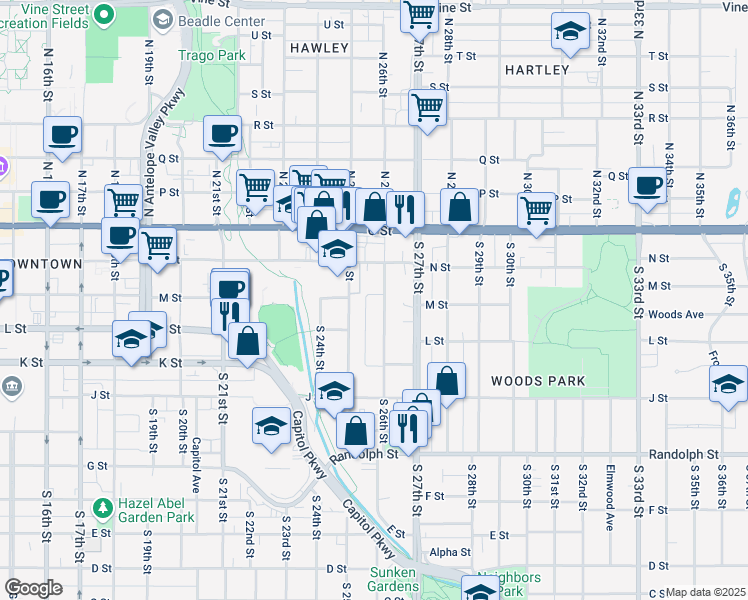 map of restaurants, bars, coffee shops, grocery stores, and more near 349 South 26th Street in Lincoln