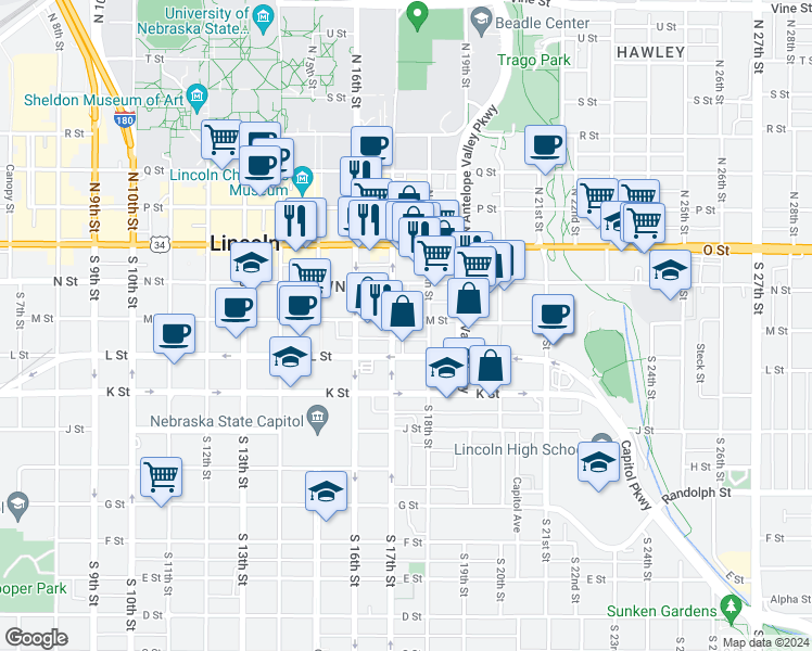 map of restaurants, bars, coffee shops, grocery stores, and more near 1724L L Street in Lincoln
