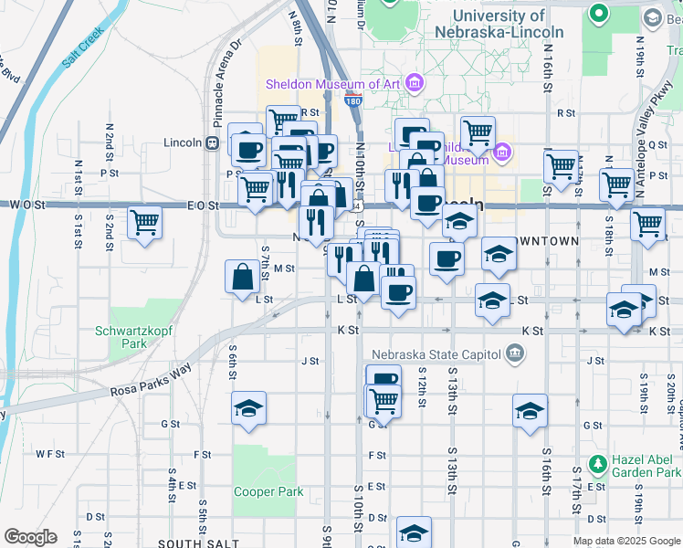 map of restaurants, bars, coffee shops, grocery stores, and more near 920 L Street in Lincoln