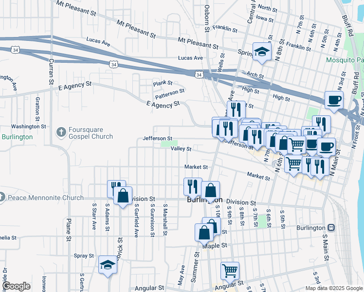 map of restaurants, bars, coffee shops, grocery stores, and more near 1208 Valley Street in Burlington