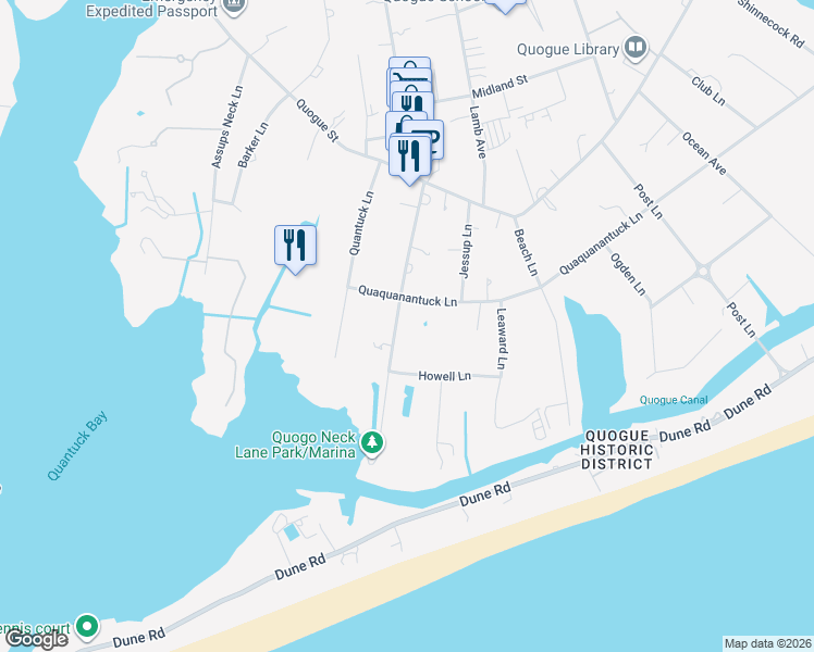 map of restaurants, bars, coffee shops, grocery stores, and more near 21 Quogo Neck Lane in Quogue