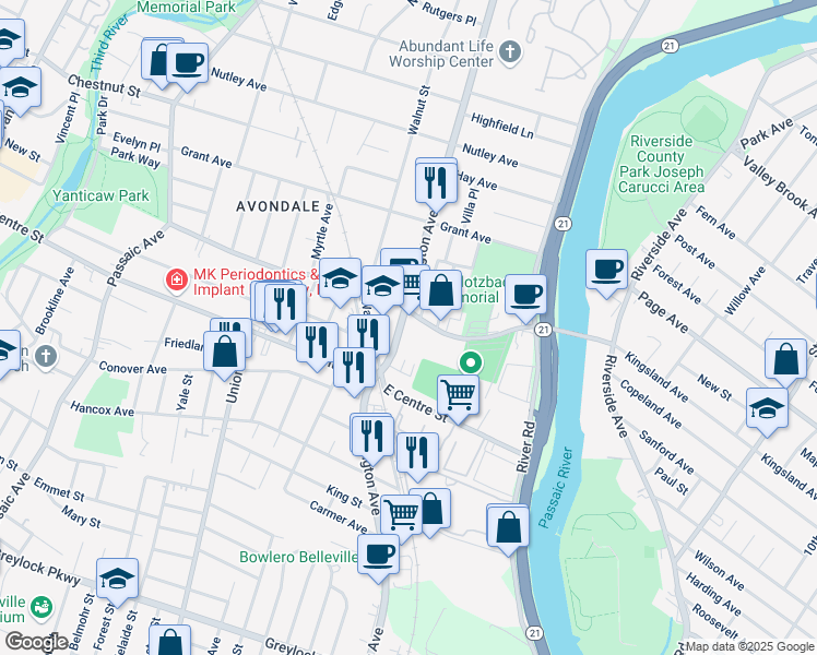 map of restaurants, bars, coffee shops, grocery stores, and more near 154 Washington Avenue in Nutley