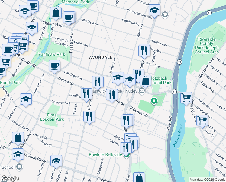 map of restaurants, bars, coffee shops, grocery stores, and more near in Nutley