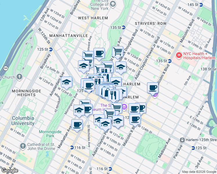 map of restaurants, bars, coffee shops, grocery stores, and more near 286 West 127th Street in New York