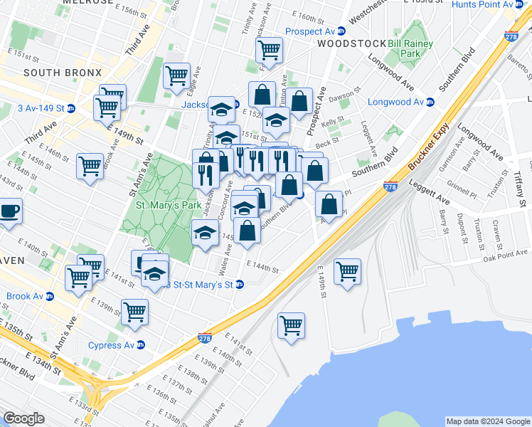 map of restaurants, bars, coffee shops, grocery stores, and more near 457 Southern Boulevard in Bronx
