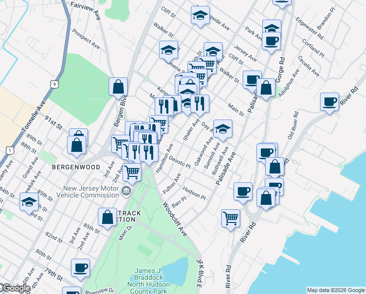 map of restaurants, bars, coffee shops, grocery stores, and more near 275 Desoto Place in Fairview