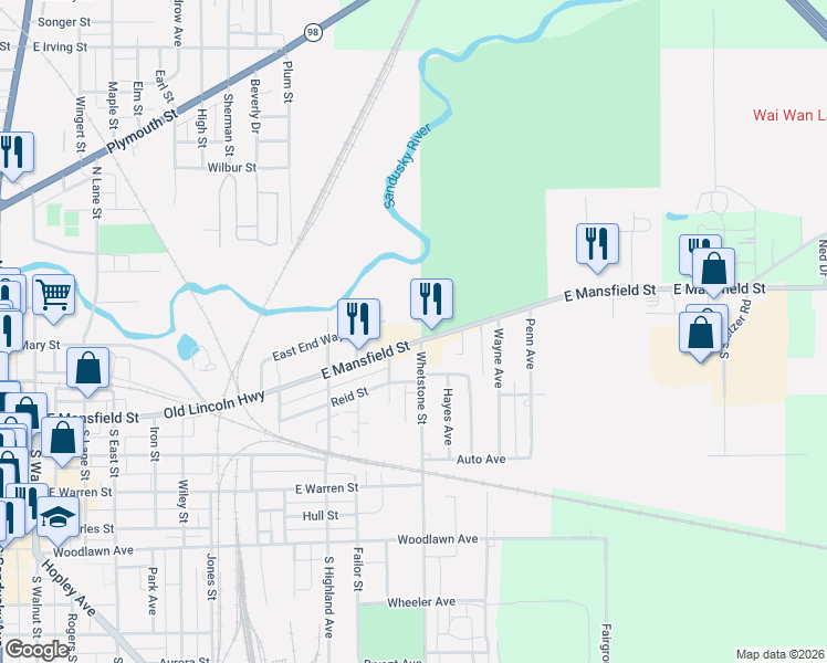 map of restaurants, bars, coffee shops, grocery stores, and more near 1301 East Mansfield Street in Bucyrus