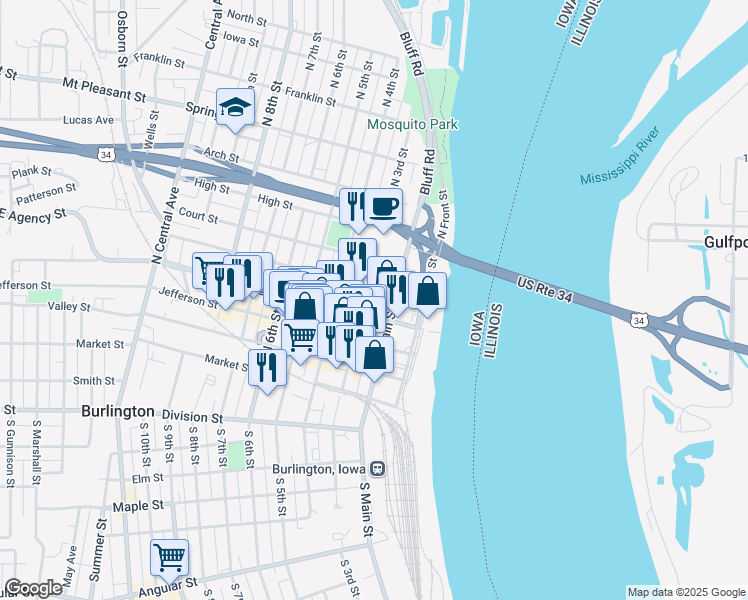 map of restaurants, bars, coffee shops, grocery stores, and more near 314 North 3rd Street in Burlington