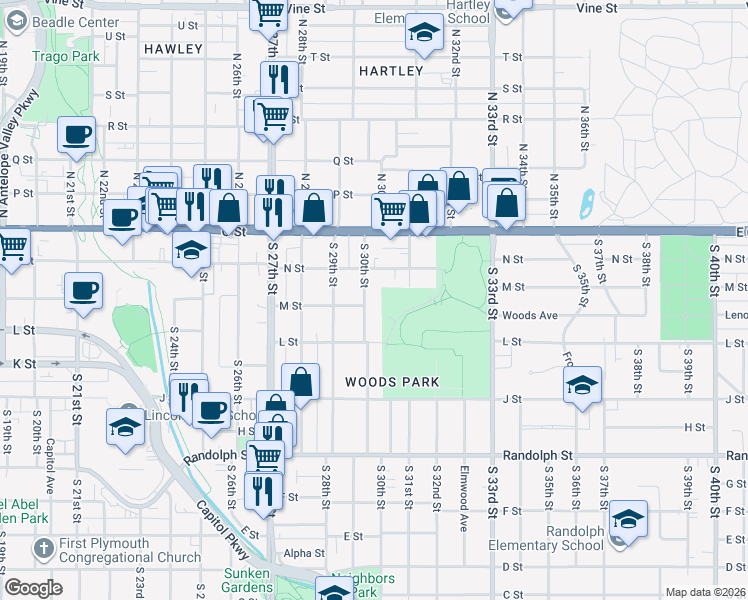 map of restaurants, bars, coffee shops, grocery stores, and more near 322 South 30th Street in Lincoln