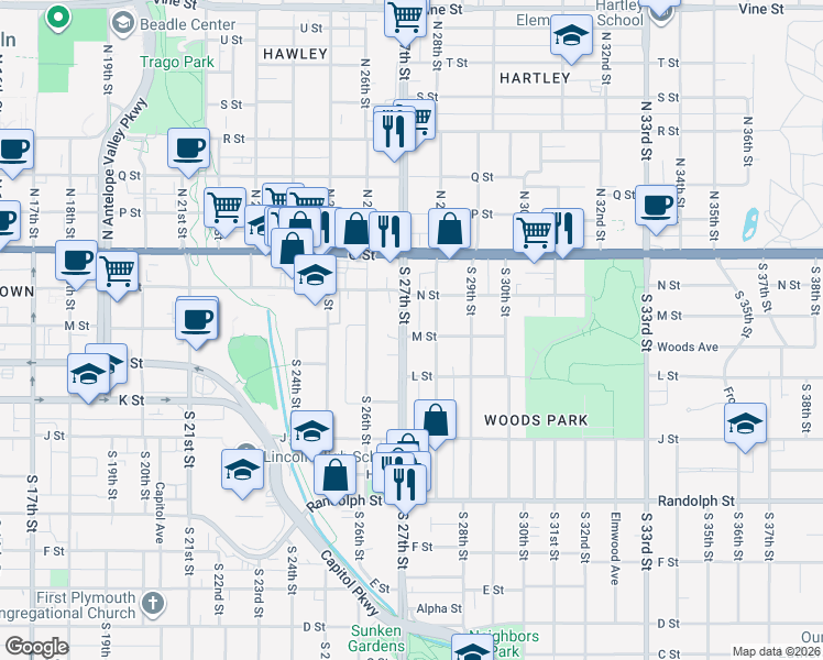 map of restaurants, bars, coffee shops, grocery stores, and more near 329 South 27th Street in Lincoln