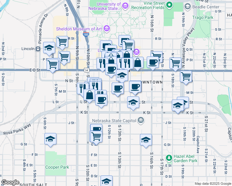 map of restaurants, bars, coffee shops, grocery stores, and more near 301 South 13th Street in Lincoln