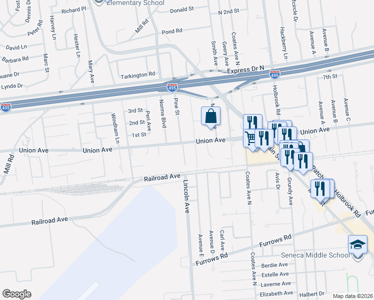 map of restaurants, bars, coffee shops, grocery stores, and more near 230 Union Avenue in Holbrook