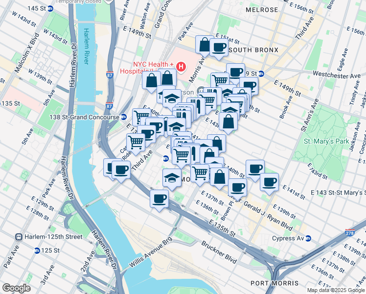 map of restaurants, bars, coffee shops, grocery stores, and more near 314 East 141st Street in Bronx