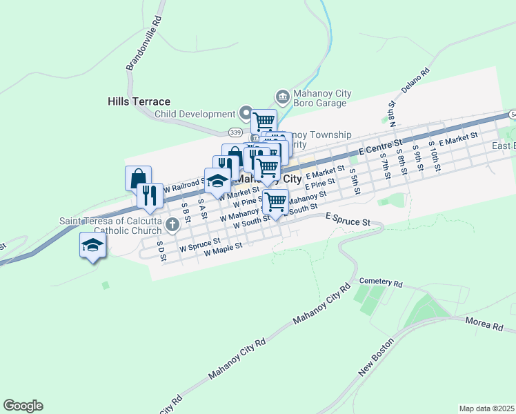 map of restaurants, bars, coffee shops, grocery stores, and more near 37 West Mahanoy Street in Mahanoy City