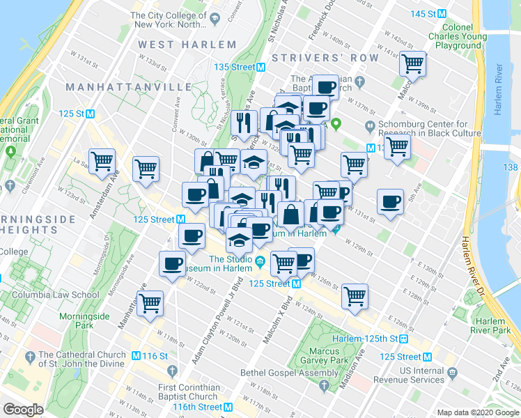 map of restaurants, bars, coffee shops, grocery stores, and more near West 128th Street in New York
