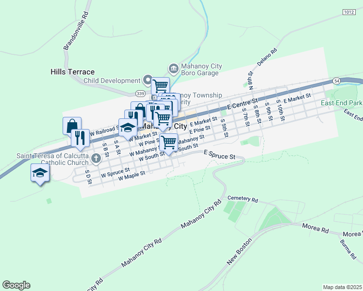 map of restaurants, bars, coffee shops, grocery stores, and more near 100 East Mahanoy Street in Mahanoy City