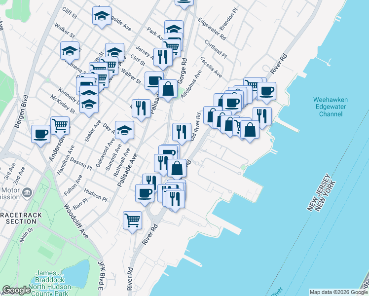 map of restaurants, bars, coffee shops, grocery stores, and more near 340 Old River Road in Edgewater