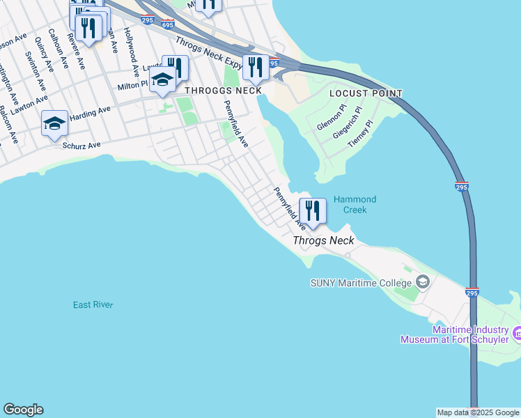 map of restaurants, bars, coffee shops, grocery stores, and more near 2 Beech Place in Bronx
