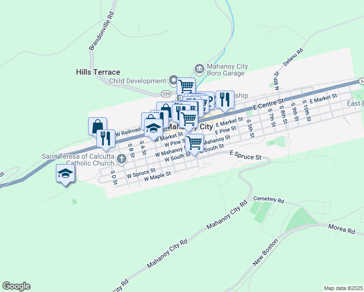 map of restaurants, bars, coffee shops, grocery stores, and more near 37 West Mahanoy Street in Mahanoy City