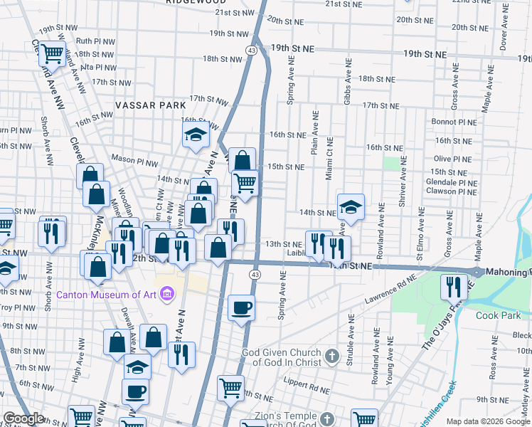 map of restaurants, bars, coffee shops, grocery stores, and more near 1350 Cherry Avenue Northeast in Canton