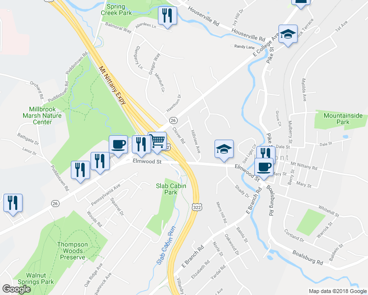 map of restaurants, bars, coffee shops, grocery stores, and more near 158 Clover Road in State College