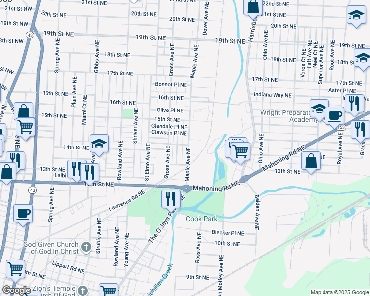 map of restaurants, bars, coffee shops, grocery stores, and more near 1432 Maple Avenue Northeast in Canton