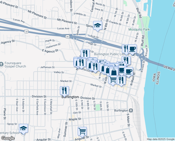 map of restaurants, bars, coffee shops, grocery stores, and more near Jefferson Street in Burlington