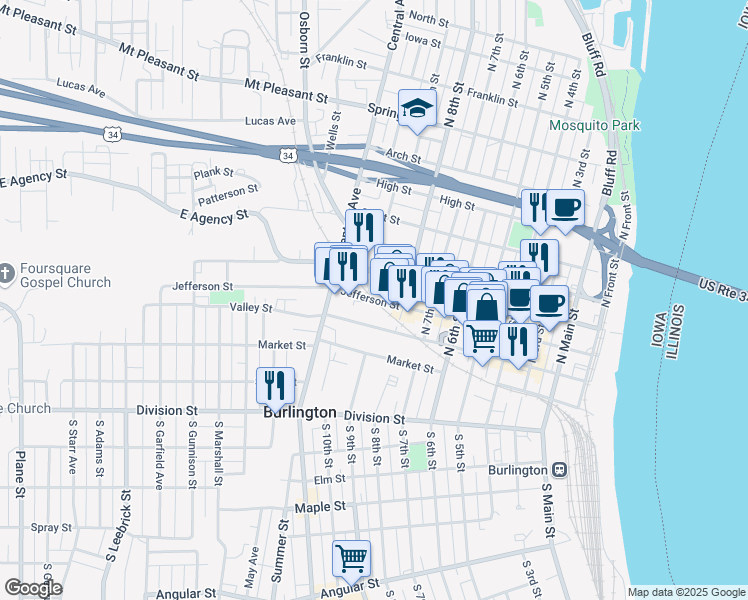 map of restaurants, bars, coffee shops, grocery stores, and more near Jefferson Street in Burlington