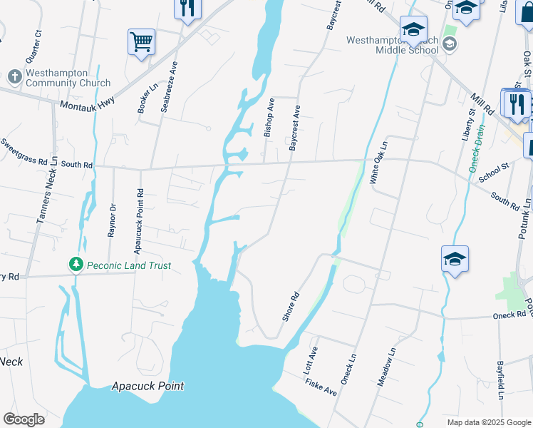 map of restaurants, bars, coffee shops, grocery stores, and more near 73A Baycrest Avenue in Westhampton