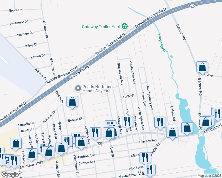 map of restaurants, bars, coffee shops, grocery stores, and more near 76 Midland Avenue in Mastic