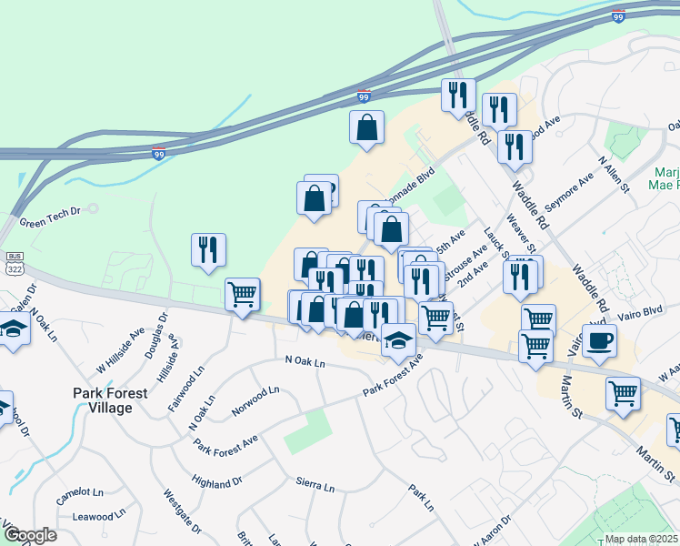 map of restaurants, bars, coffee shops, grocery stores, and more near 215 Colonnade Blvd in State College