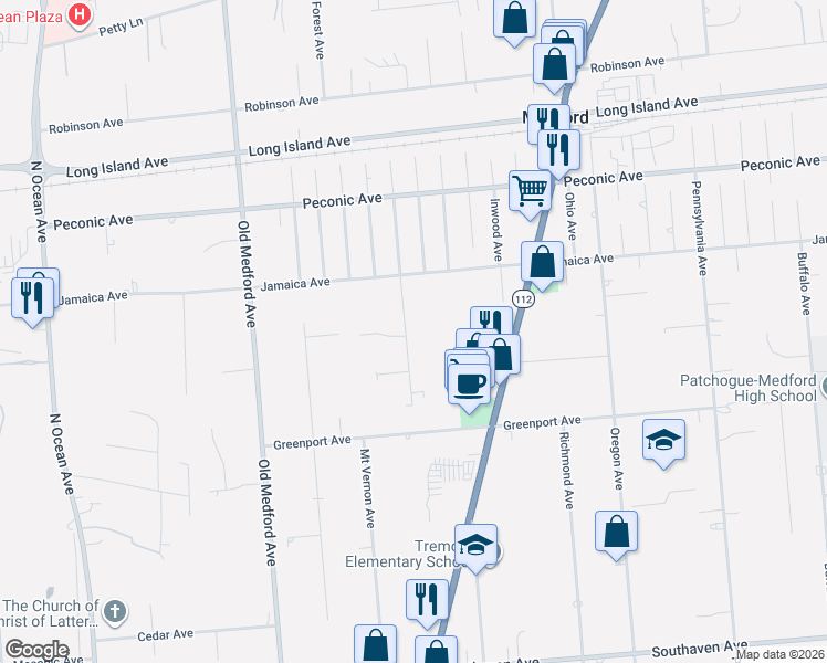 map of restaurants, bars, coffee shops, grocery stores, and more near 77 Elmhurst Avenue in Medford