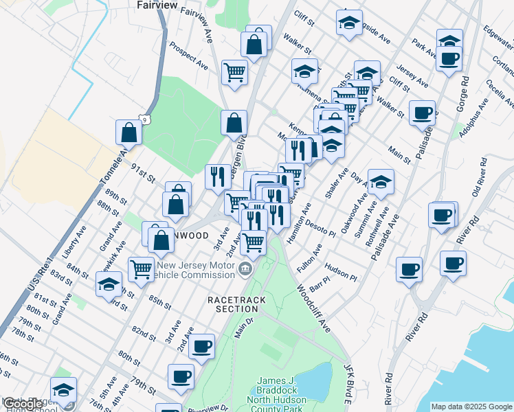 map of restaurants, bars, coffee shops, grocery stores, and more near 416 Hancock Place in Fairview