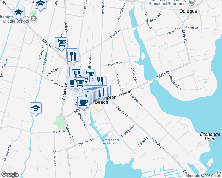 map of restaurants, bars, coffee shops, grocery stores, and more near 19 Church Lane in Westhampton Beach