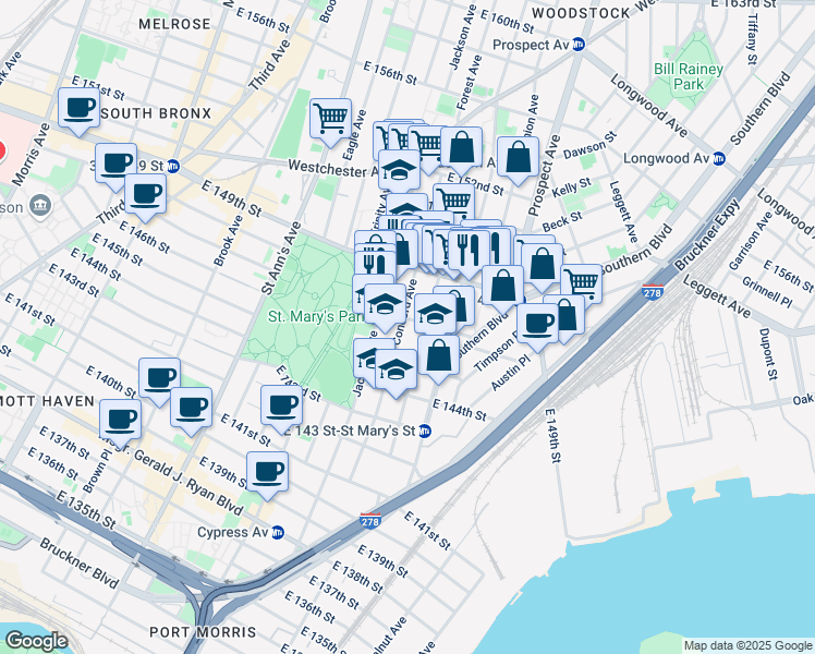 map of restaurants, bars, coffee shops, grocery stores, and more near 764B East 149th Street in The Bronx