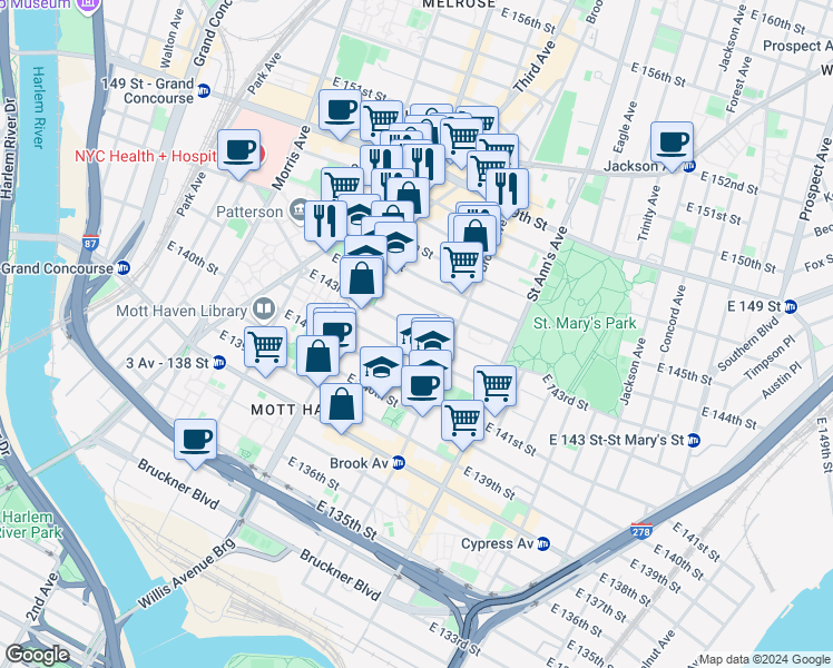 map of restaurants, bars, coffee shops, grocery stores, and more near 454 East 144th Street in Bronx