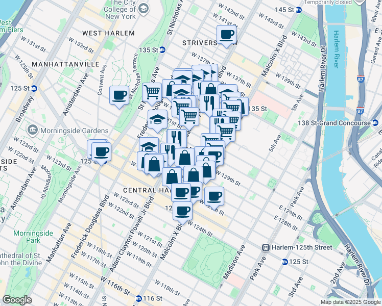map of restaurants, bars, coffee shops, grocery stores, and more near 2201 Adam Clayton Powell Junior Boulevard in New York