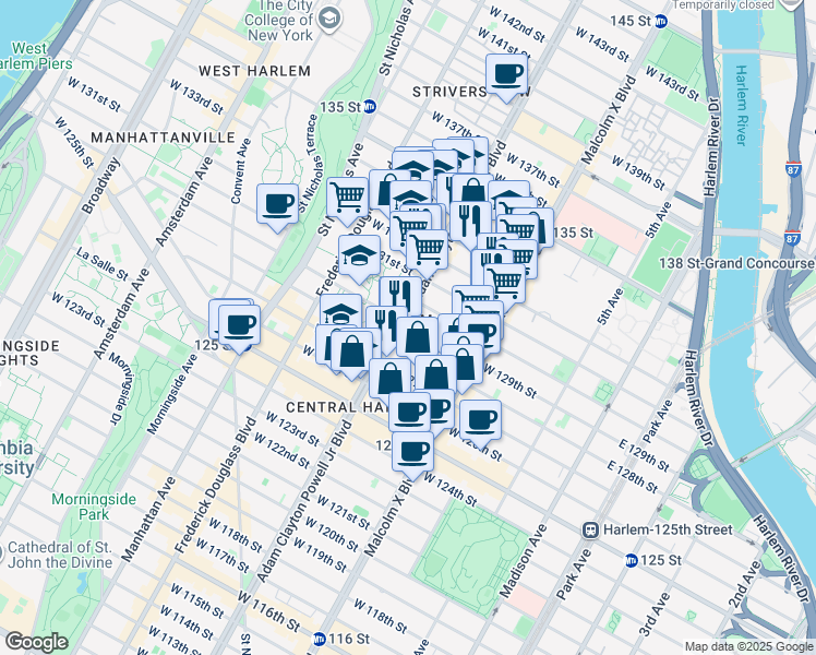 map of restaurants, bars, coffee shops, grocery stores, and more near 2201 Adam Clayton Powell Junior Boulevard in New York
