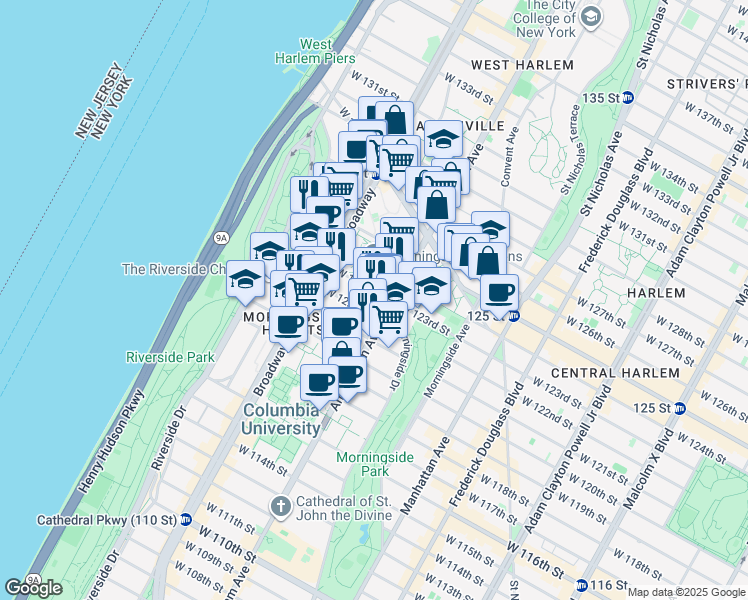map of restaurants, bars, coffee shops, grocery stores, and more near 501 West 123rd Street in New York