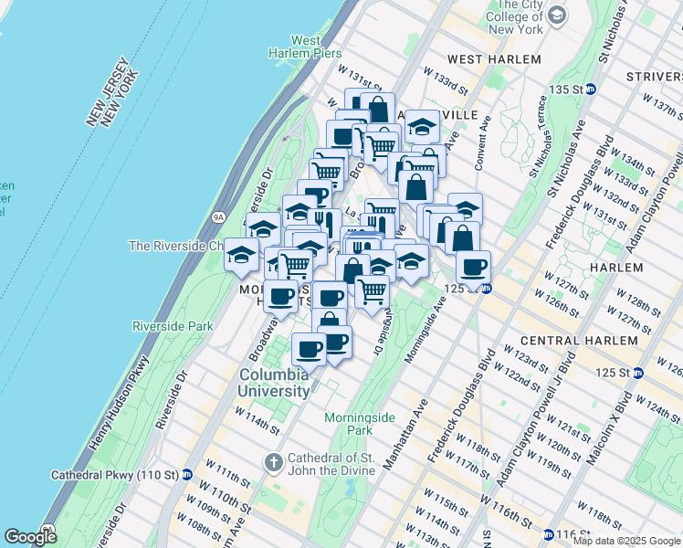 map of restaurants, bars, coffee shops, grocery stores, and more near 501 West 123rd Street in New York
